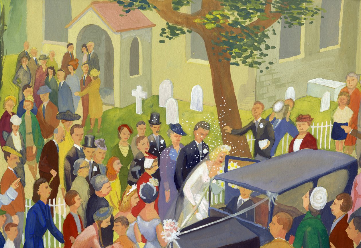 Bröllopsgrupp på kyrkogården, c1948. av Shirley Markham