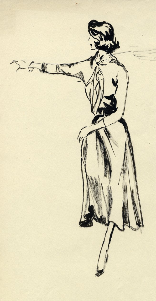 Kvinna i hel kjol med utsträckt arm, c1950. av Shirley Markham