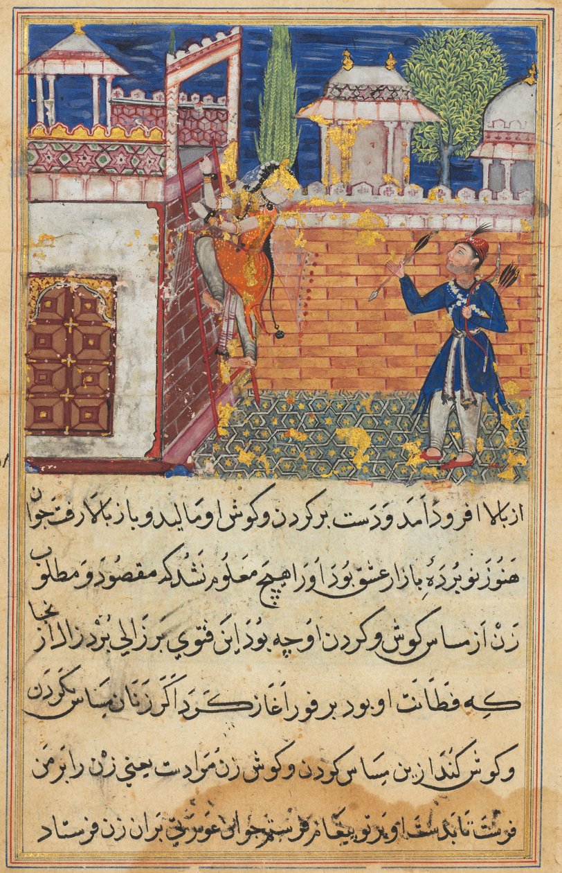 Sida från Tales of a Papegoja Tuti-nama: Åttonde natten: Den bedrägliga hustrun återvänder..., 1558-1560. av Shravana