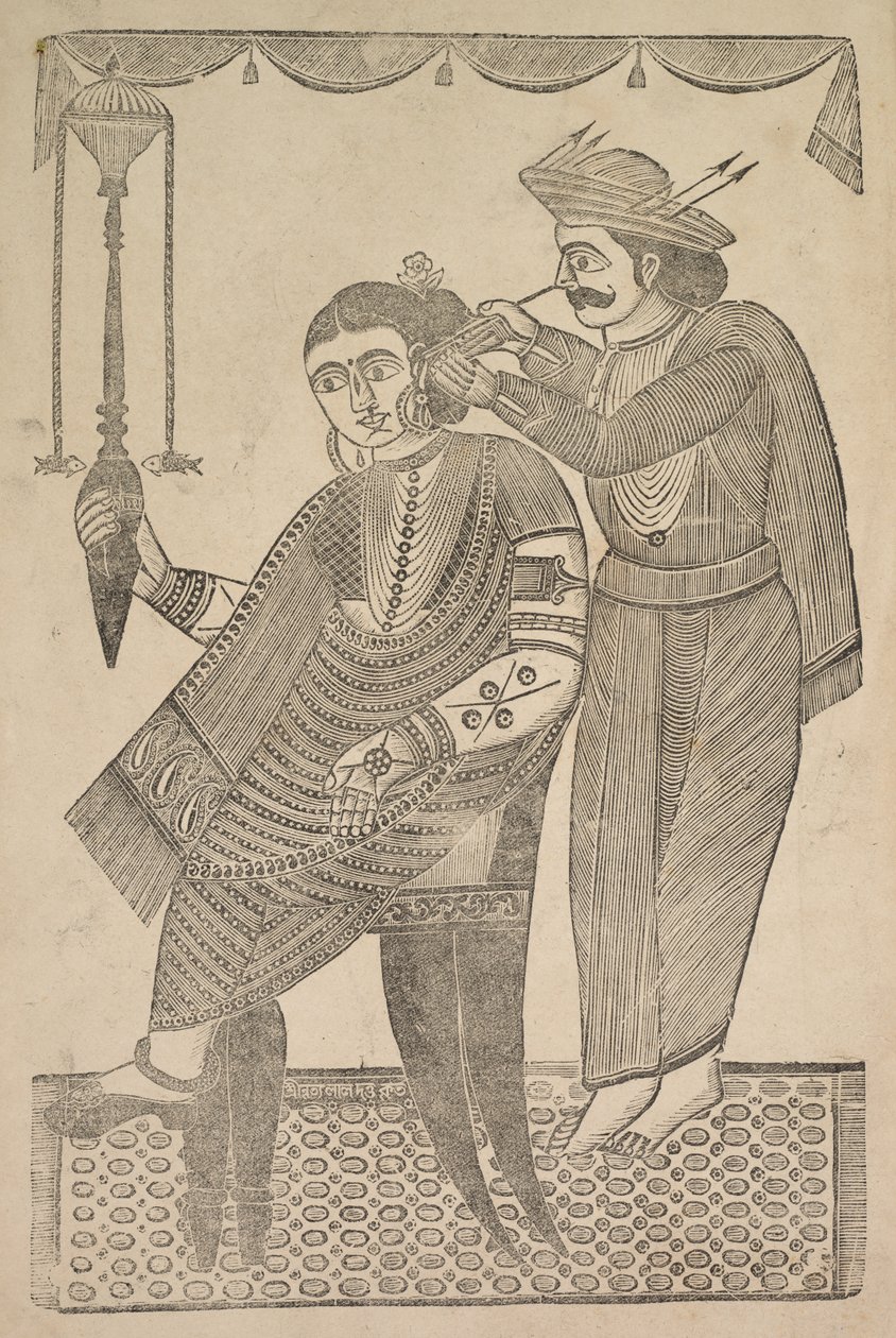 En frisör som rengör örat på en kurtisan, 1800-talet. av Shri Gobinda Chandra Roy