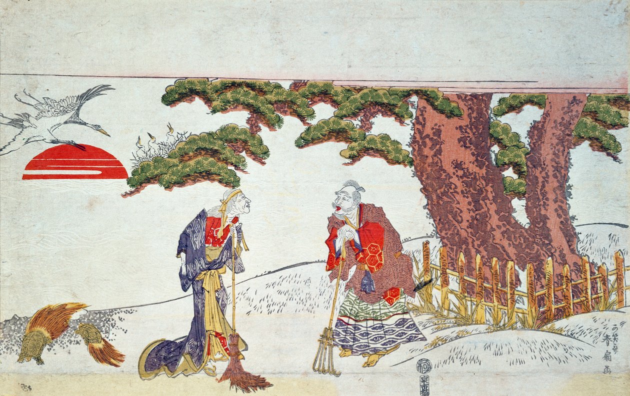 Jo och Uba, tallens andar, 1800-talet (trätryck i färg) av Shunsen