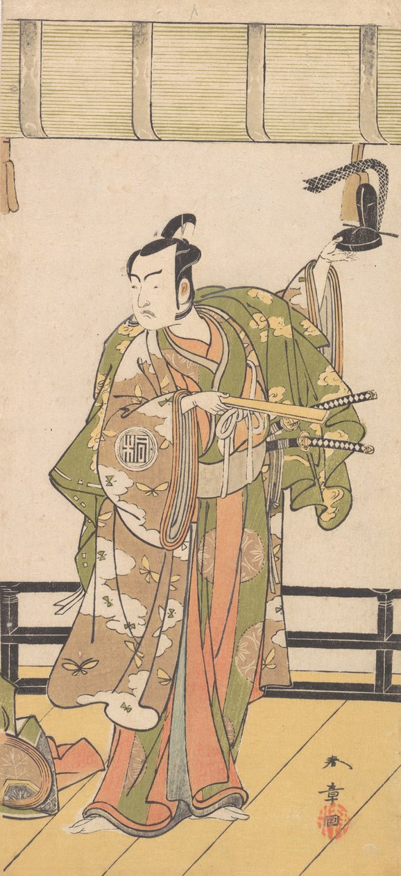 Arashi Sangoro som en samuraj som står på verandan till ett stort hus, 1774 eller 1775. av Shunsho