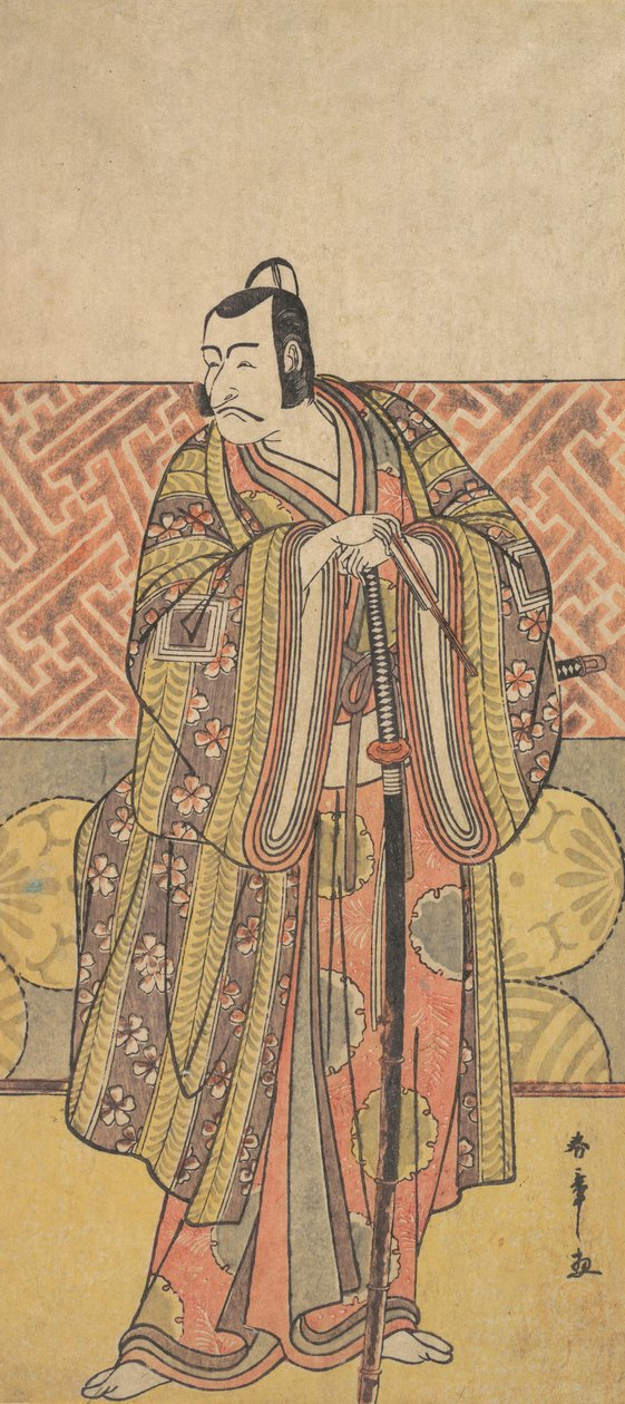 Ichikawa Danjuro V som Kudo Suketsune, Richly Attired, Leaning on His Sword, sent 1700-tal. av Shunsho