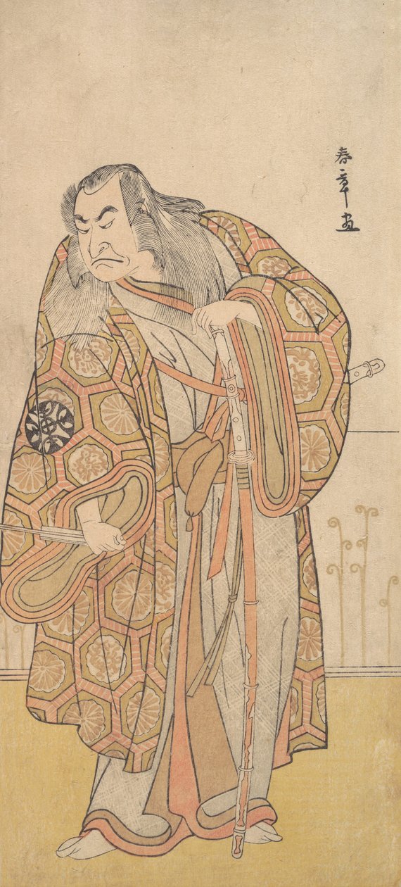 Ikunojo III som Chiyosaki slår Chozubachi, en dusch av guldmyntflugor, sent 1700-tal. av Shunsho