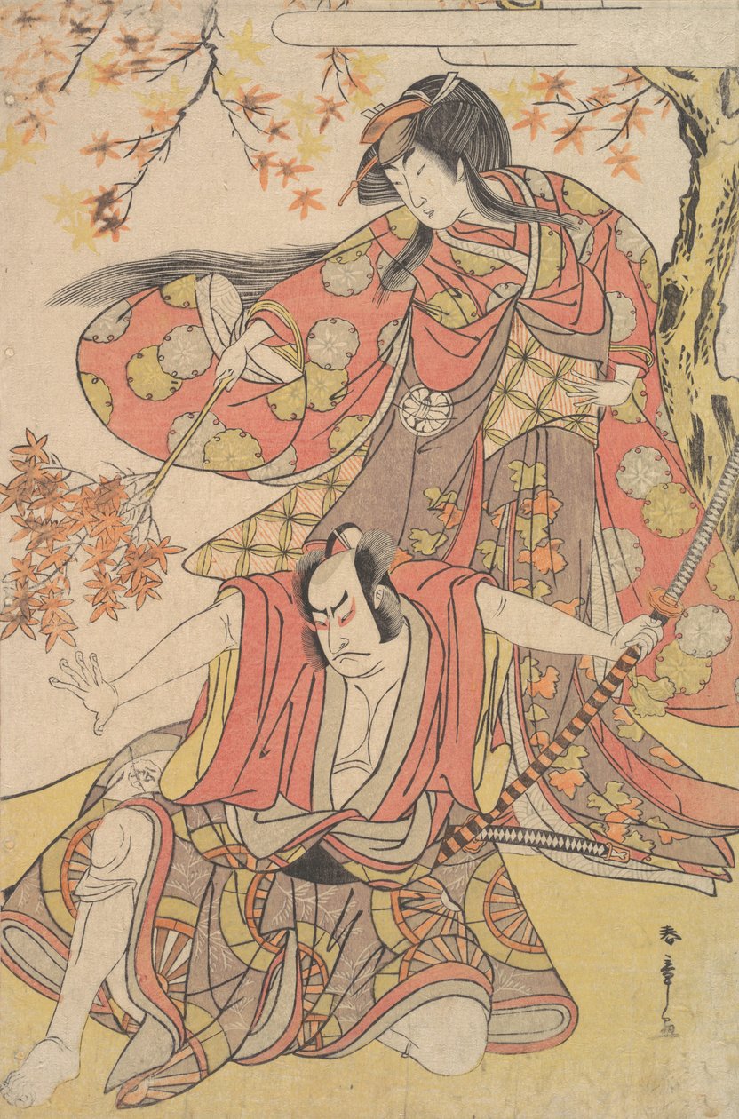 Segawa Kikunojo III som en kvinna som står under ett lönnträd på hösten, ca. 1778., ca. 1778. av Shunsho