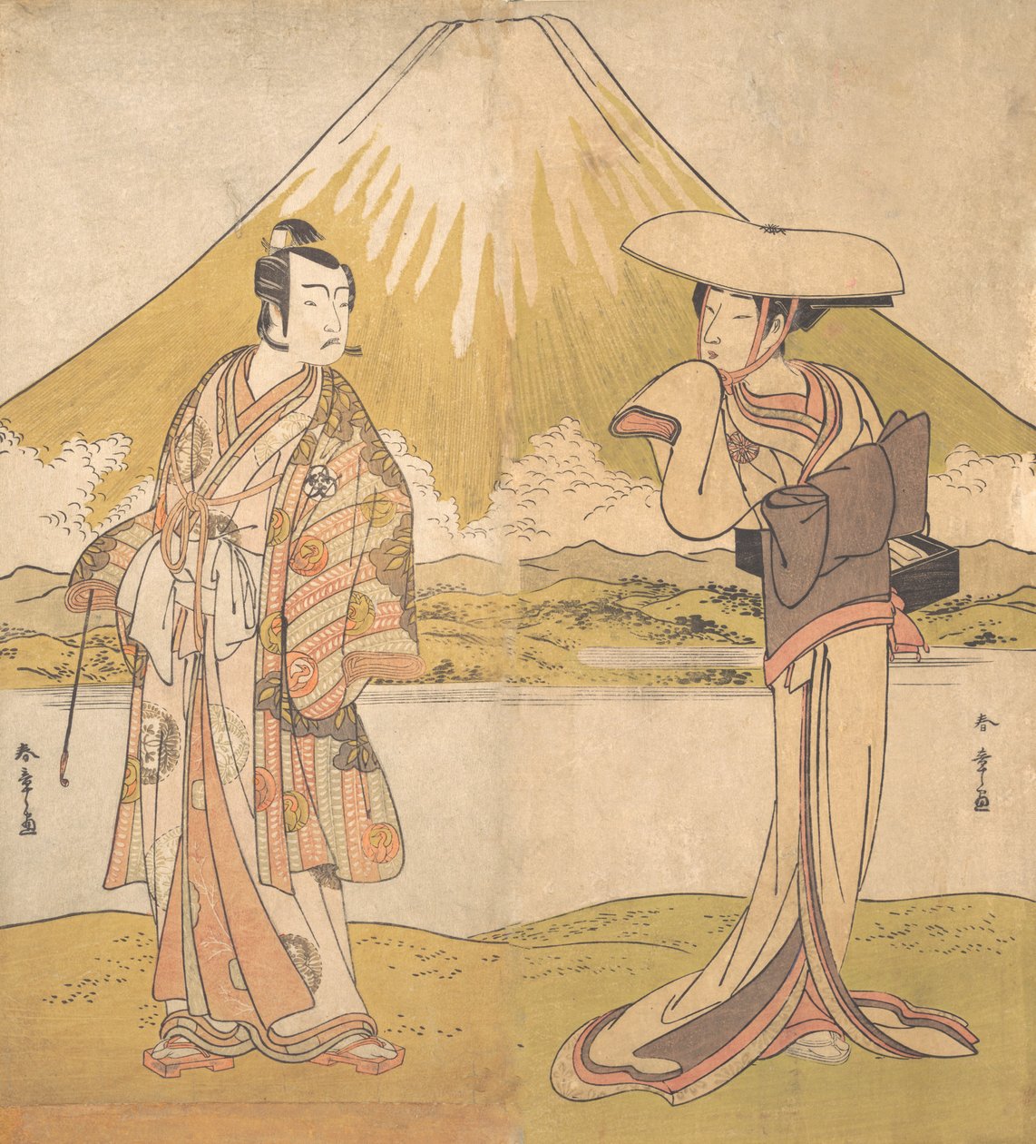 Skådespelaren Bando Mitsugoro som en man i överdådiga kläder, stående på ett fält..., ca. 1778. av Shunsho