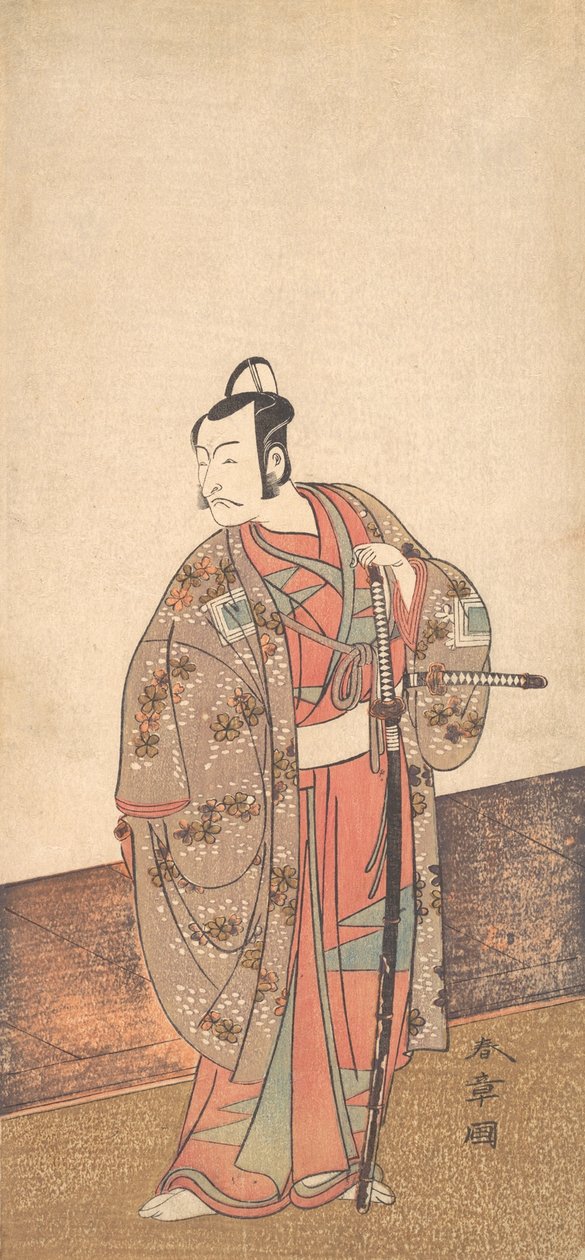 Skådespelaren Ichikawa Danjuro V står inne i ett hus och framför en engawa, ca. 1772. av Shunsho