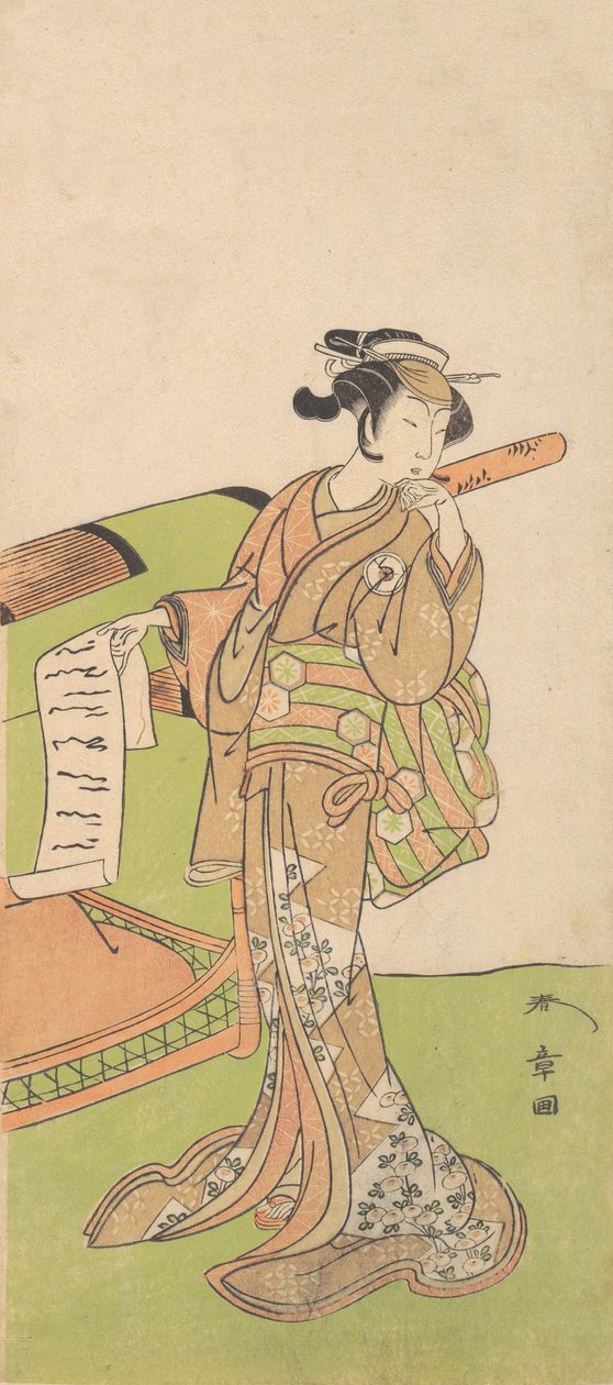 Skådespelaren Iwai Hanshiro IV i kvinnlig roll, Stående bredvid en kull, 1726-1792. av Shunsho