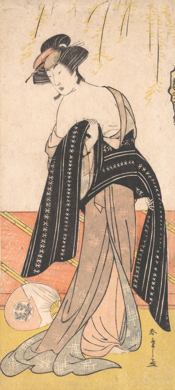 Skådespelaren Nakamura Riko som en Oiran som binder sin Obi, ca. 1779. av Shunsho