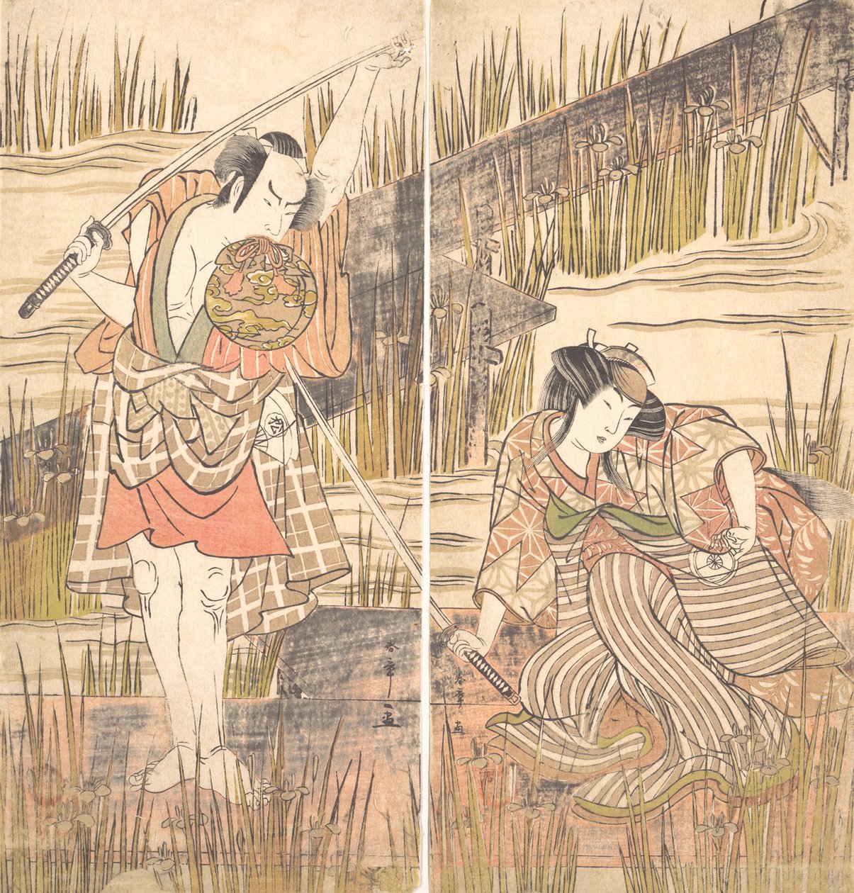 Skådespelaren Onoye Matsusuke med svärdet som hålls ovanför huvudet med båda händerna, ca. 1778. av Shunsho