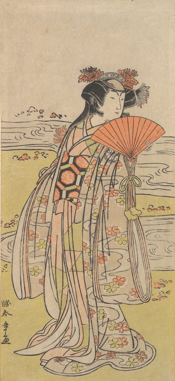 Skådespelaren Segawa Kikunojo III som en kvinna som står nära en vindlande ström, ca. 1777. av Shunsho