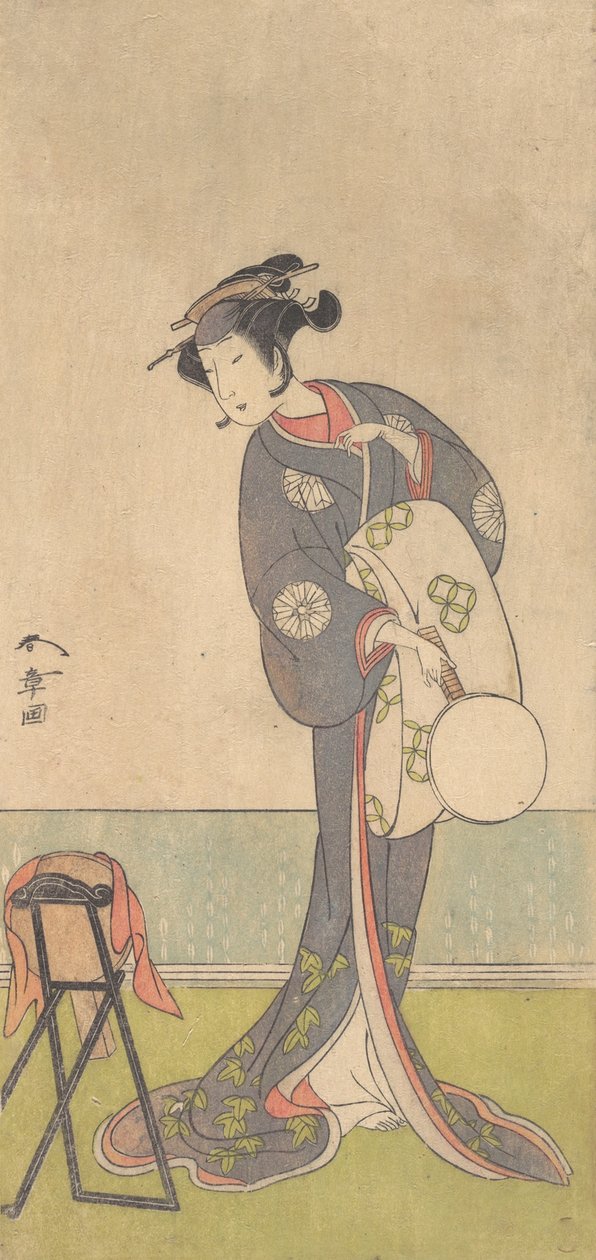 Den första Nakamura Tomijuro som en Oiran som står i ett rum, 1771. av Shunsho