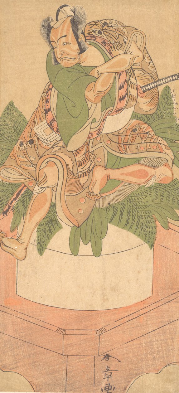 Den fjärde Ichikawa Danjuro som en Yakko tjänare sittande på en stor kaka av Mochi..., 1772. av Shunsho