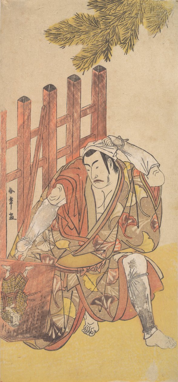 Den fjärde Matsumoto Koshiro som en fredlös tittar på en trä Ninsogaki, ca. 1779-83. av Shunsho