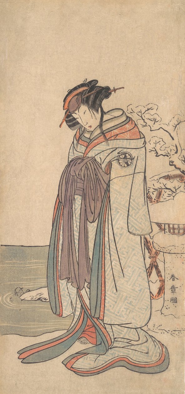 The Third Segawa Kikunojo as a Courtesan Standing in the Snow, förmodligen 1775. av Shunsho