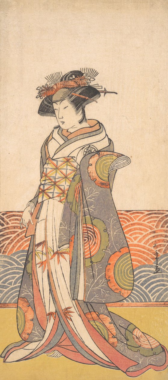 Den tredje Segawa Kikunojo som en kvinna som står i ett rum med en vågmönster Dado, ca. 1779. av Shunsho