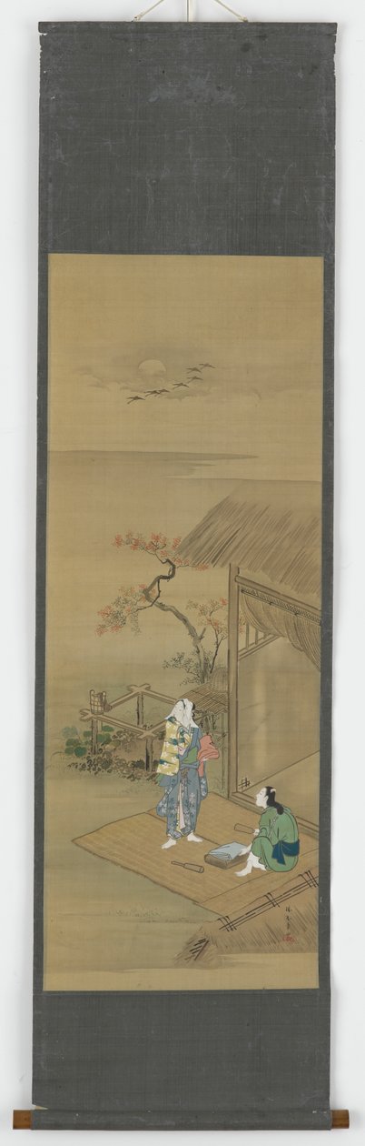Två bondflickor slår tyg utanför ett hus, Edo-period, 1700-tal. av Shunsho
