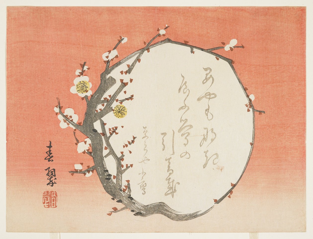 Cirkulär gren av ett blommande plommon, ca 1854-59 (trätryck i färg) av Shunsui