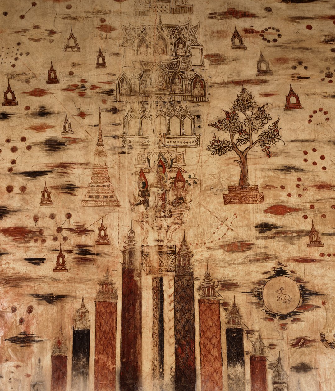 Väggmålning föreställande Mount Meru, 1734 (måla på sten) av Siamese School