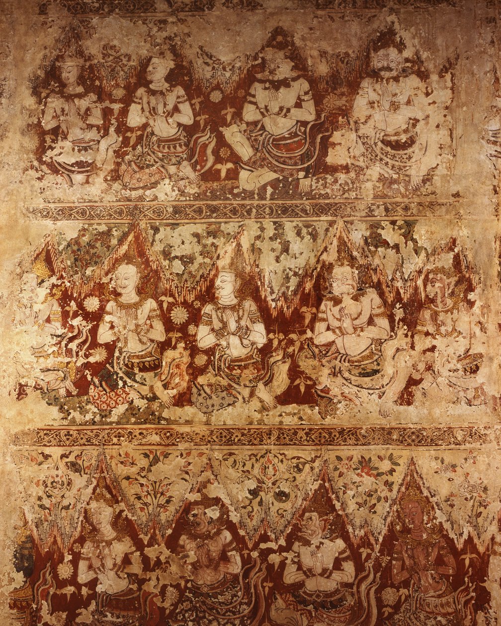 Väggmålningar som visar himmelska gudar från det tidiga 1700-talets Ayutthaya-period (måla på sten) av Siamese School
