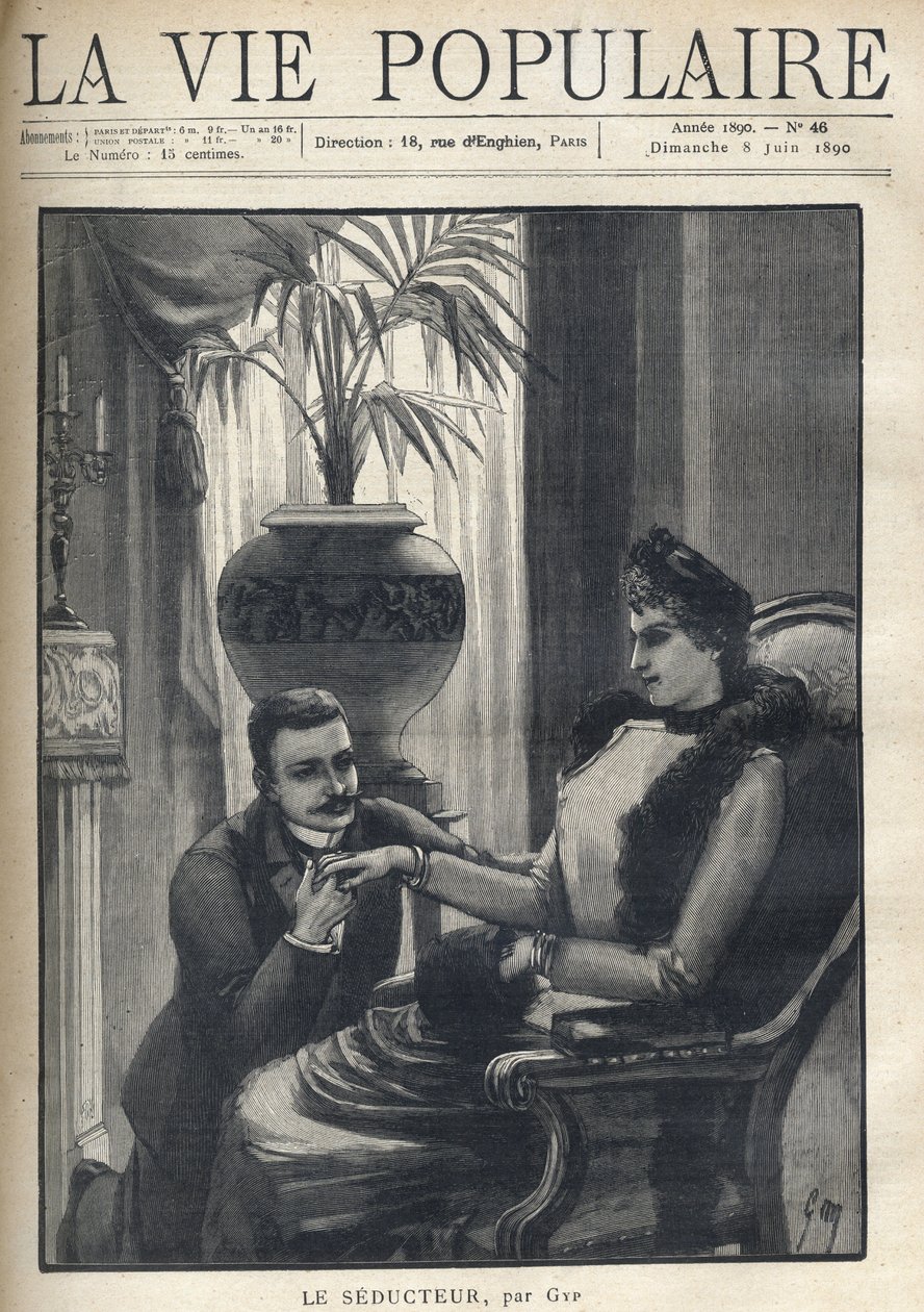 En man på knä håller i handen på en elegant kvinna som sitter i ett borgerligt vardagsrum, iklädd sin kappa, en ärm och en pälshalsduk. Illustration för Le Seducteur par Gyp (Sibylle Gabrielle Marie Antoinette Riquetti de Mirabeau, grevinna av Martel d av Sibylle Gabrielle de Riquetti de Mirabeau