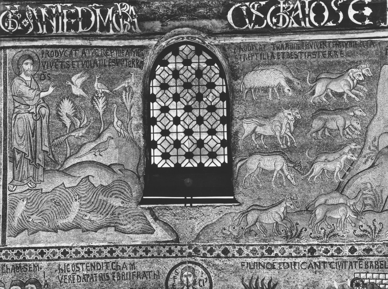 Skapande av fåglar och djur (mosaik) av Sicilian School