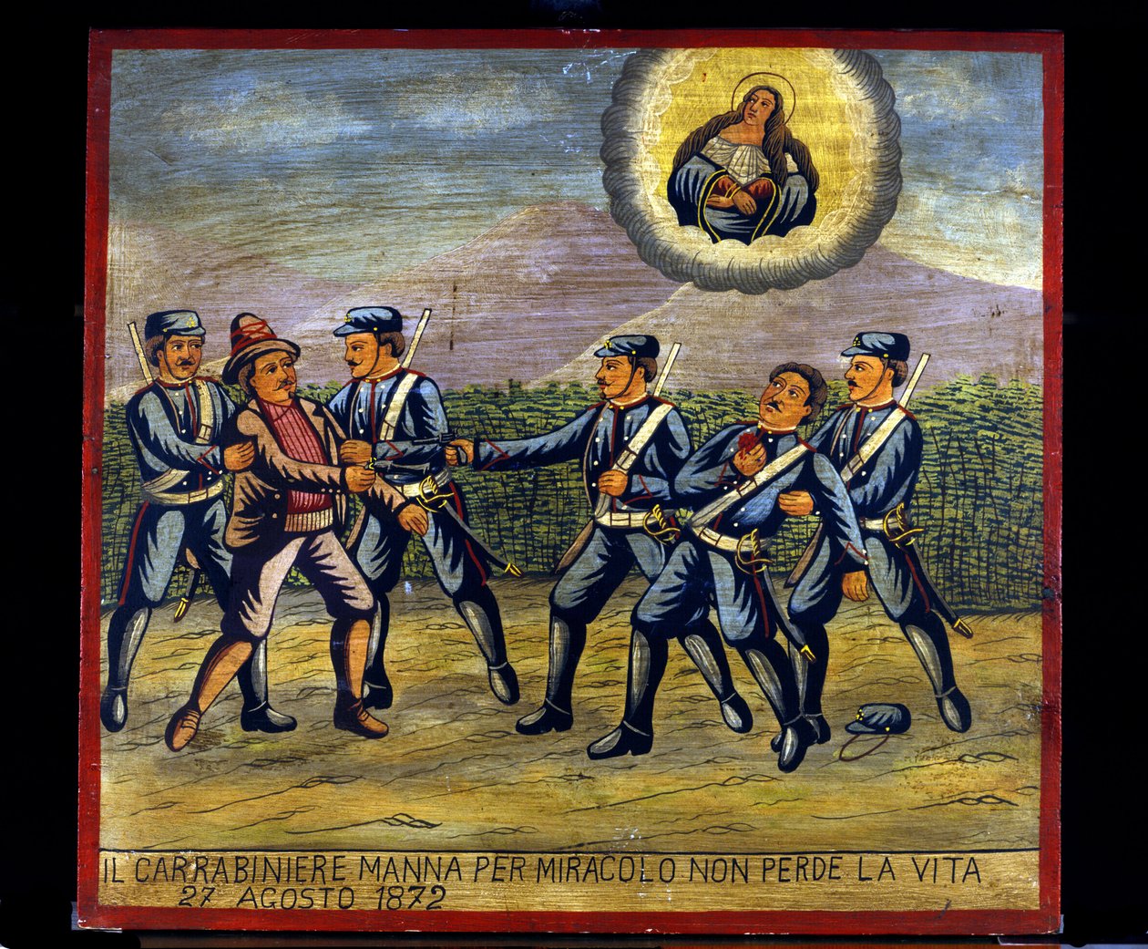 Ex-voto (ex voto) sicilianska: "" Karbinhaken Manna förlorar inte livet på ett mirakel den 27/08/1872"". Representation av en brigandage (Brigantaggio): En rånare sköt mot Carabinier Manna medan den andra Carabinieri stoppade honom. . av Sicilian School