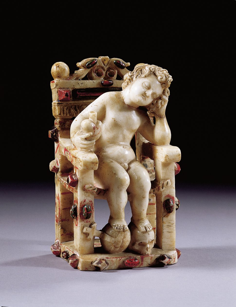Figur av det späda Kristusbarnet sittande på en tron, tidigt 1600-tal (paketförgylld polykrom snidad alabaster) av Sicilian School