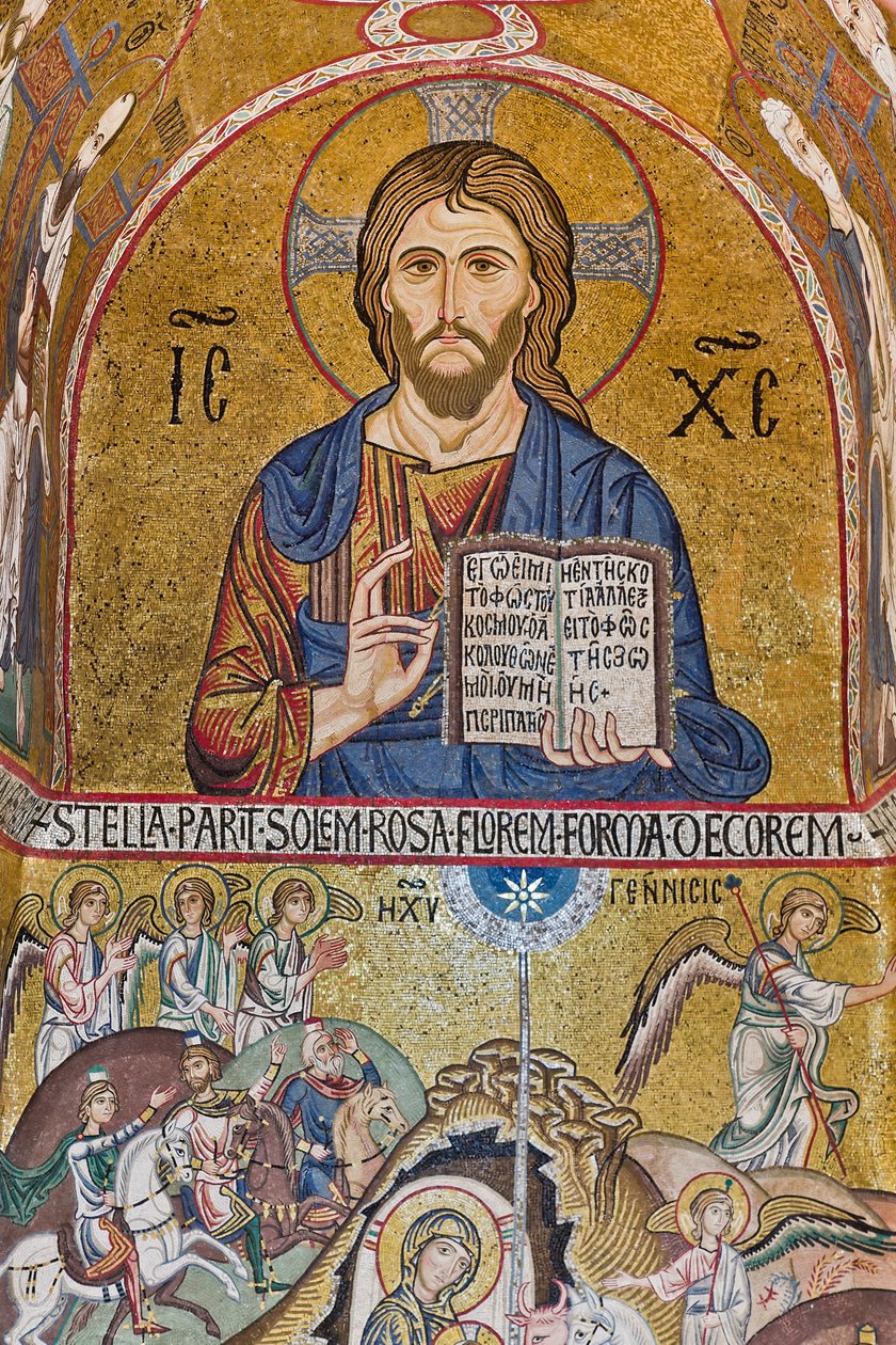Palatinska kapellet (basilikan), södra absiden eller St Pauls "absidiola", mosaiker: "Christ Pantocrator" och "Nativity", XII-talet av Sicilian School