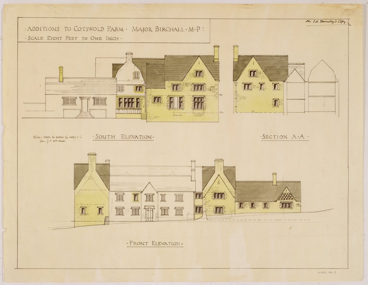 Tillägg till Cotswold Farm: söder- och fronthöjder, ca 1925 (tryck och wc på papper) av Sidney Barnsley