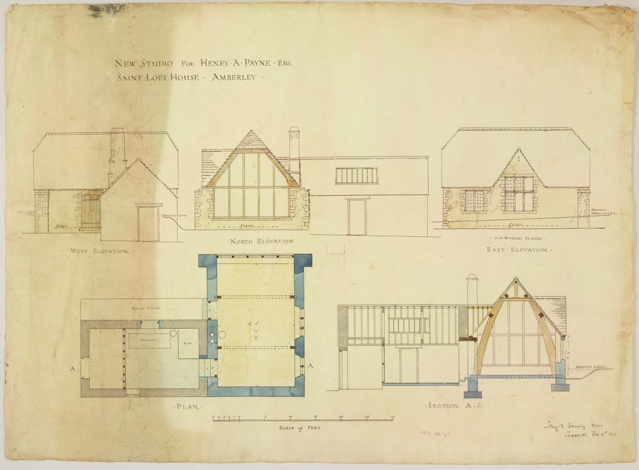 Ny studio för Henry A. Payne esq. Saint Loes House, Amberley, 2 februari 1911 (wc på papper) av Sidney Barnsley