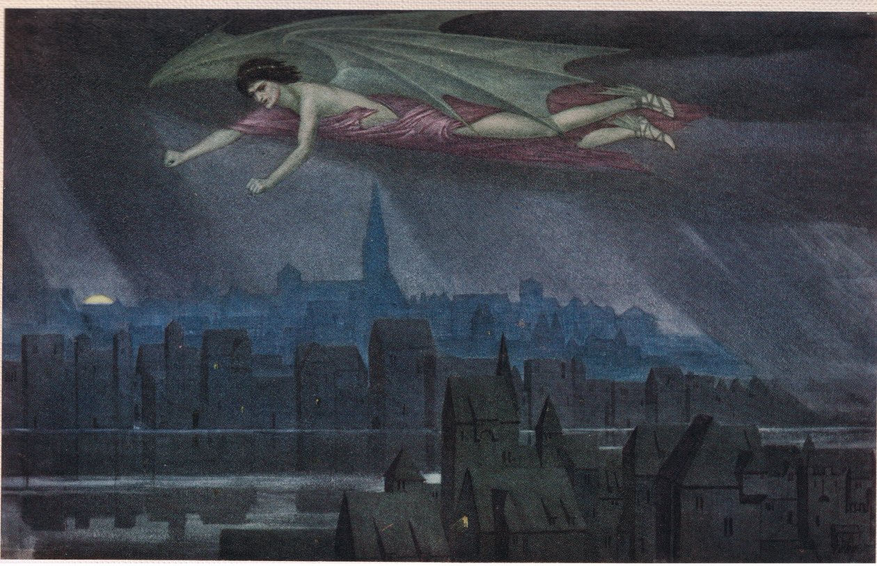 Lucifer flyger över staden. 