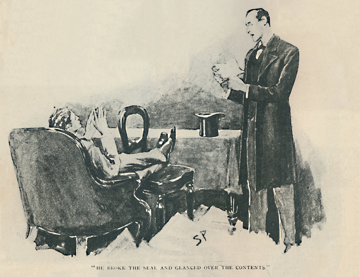 Han bröt sigillen och såg över innehållet, 1892 av Sidney Paget