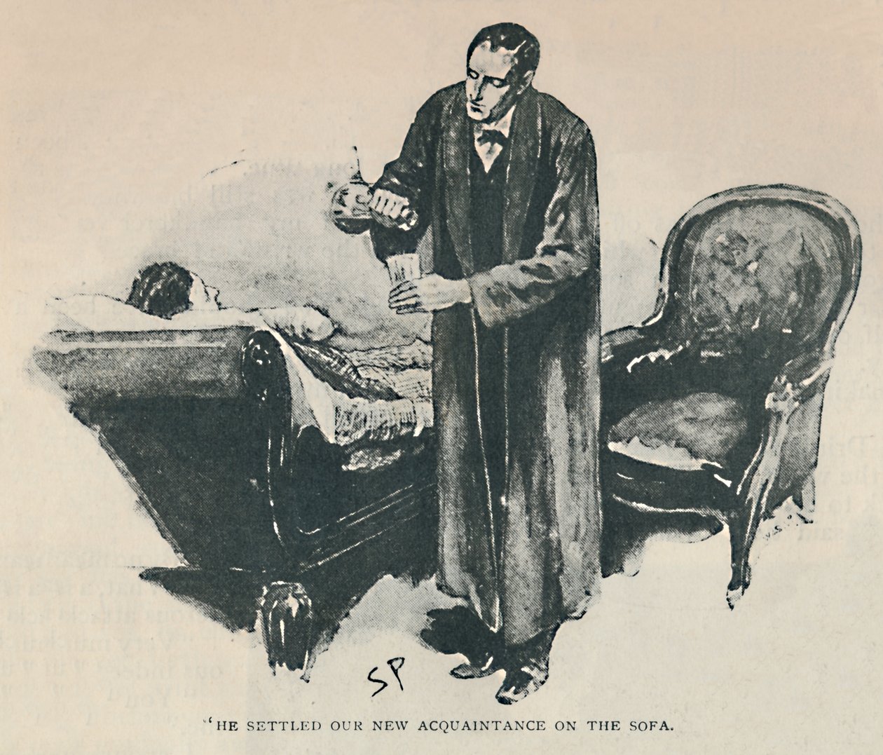 Han bosatte vår nya bekantskap i soffan, 1892 av Sidney Paget