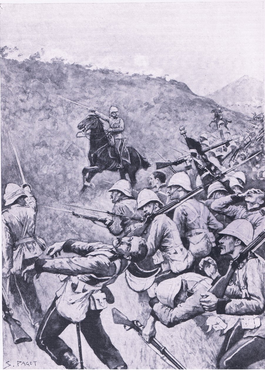 Langs Nek, 28 januari 1881 (första boerkriget), illustration från brittiska striderna på land och hav, 1915 av Sidney Paget