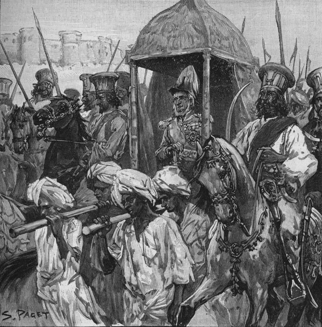 Napier, i full uniform, föddes in i Hyderabad i en magnifik Palanquin, 1902 av Sidney Paget