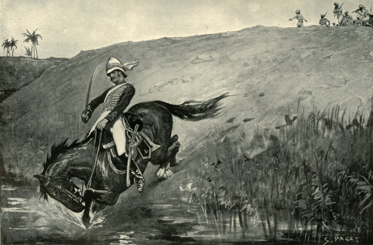 Narrow Escape of Lieutenant Roberts medan jag förföljdes av infödda nära Lucknow, 1901. av Sidney Paget