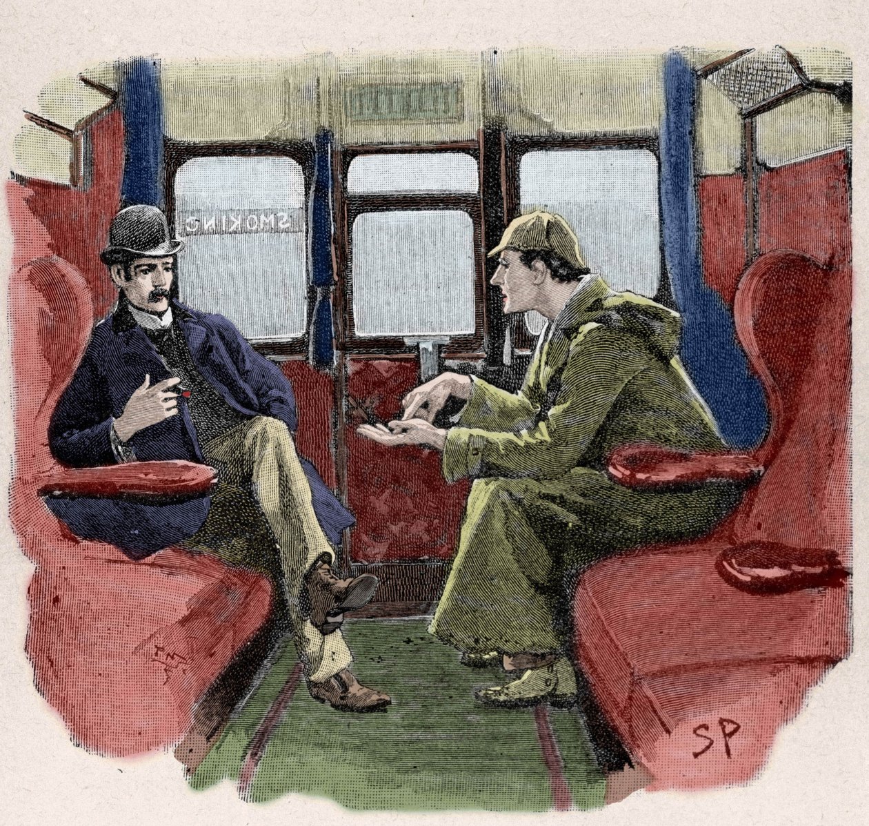 Silver Blaze: Sydney Pagets illustration av ett Sherlock Holmes-äventyr. Den berömda detektiven är representerad med Dr. Watson på ett tåg. Publicerad på "The Strand Magazine". Nyheter av Conan Doyle. 1892. av Sidney Paget