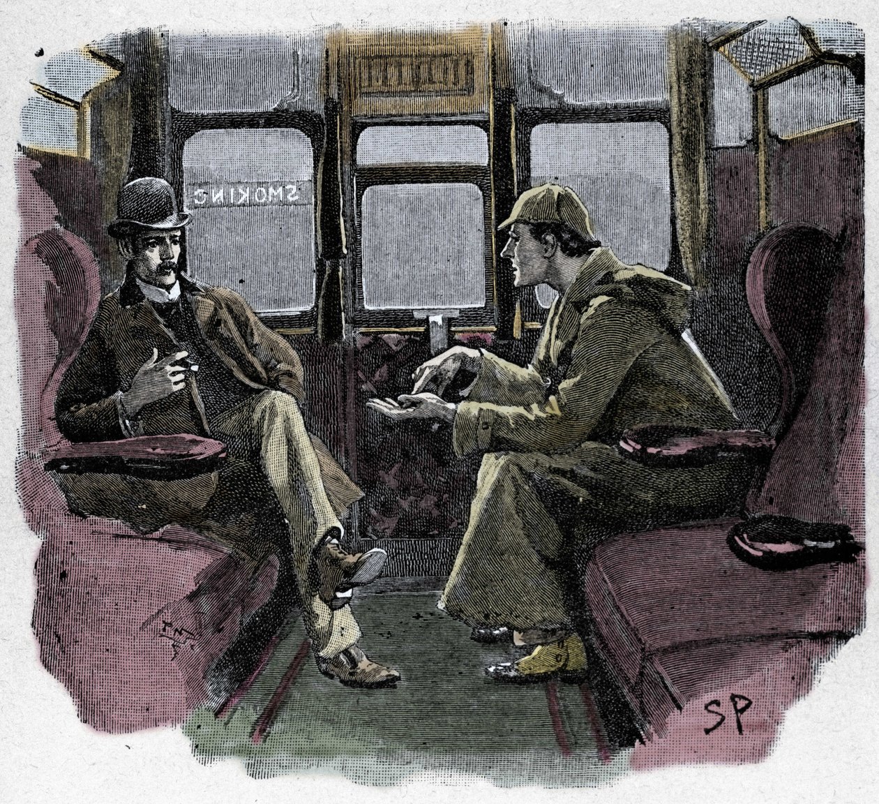 Silver Blaze: Sydney Pagets illustration av ett Sherlock Holmes-äventyr. Den berömda detektiven är representerad med Dr. Watson på ett tåg. Publicerad på "The Strand Magazine". Nyheter av Conan Doyle. 1892. av Sidney Paget