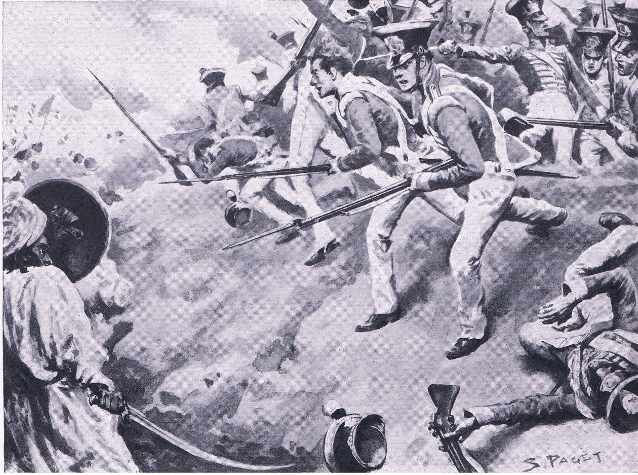 Slaget vid Dubba, 24 mars 1843, illustration från British Battles on Land and Sea, 1915 av Sidney Paget