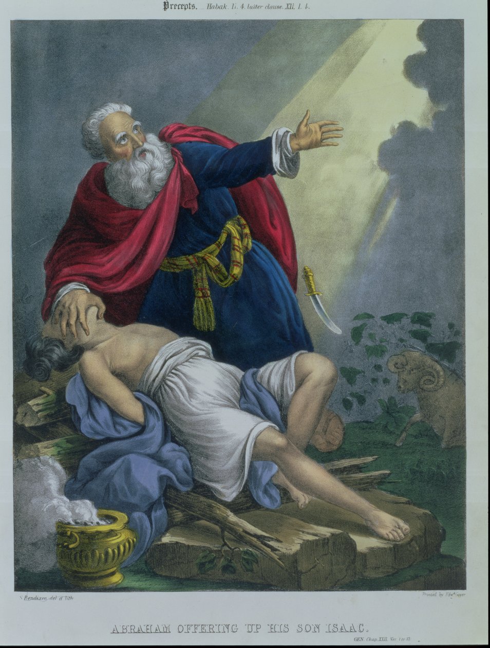 Abraham offrar sin son Isak, från en bibel tryckt av Edward Gover, 1870-talet av Siegfried Detler Bendixen