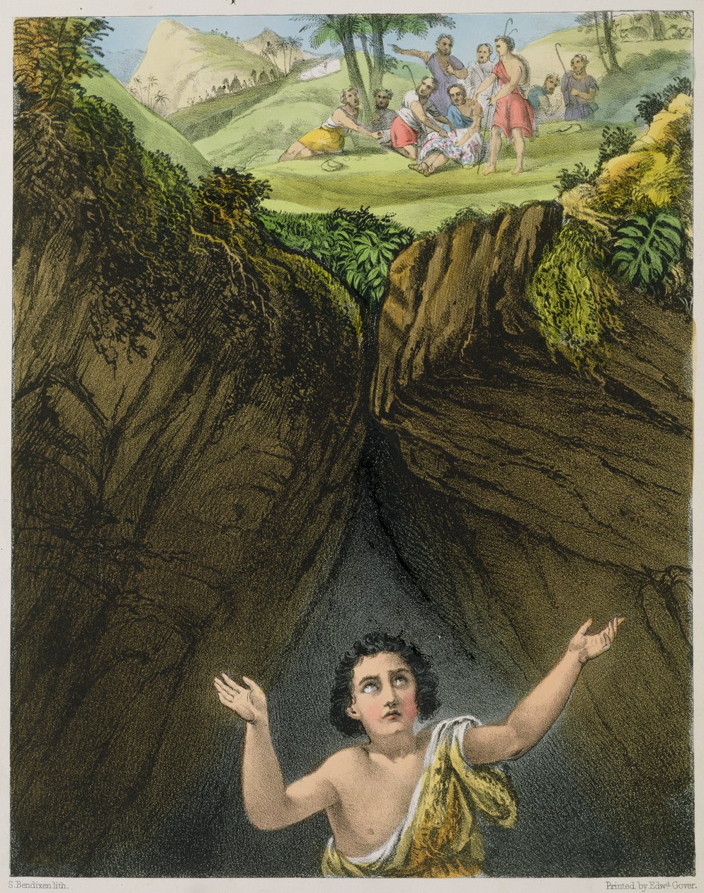 Joseph kastad i gropen av sina bröder, från en bibel tryckt av Edward Gover, 1870-talet av Siegfried Detler Bendixen