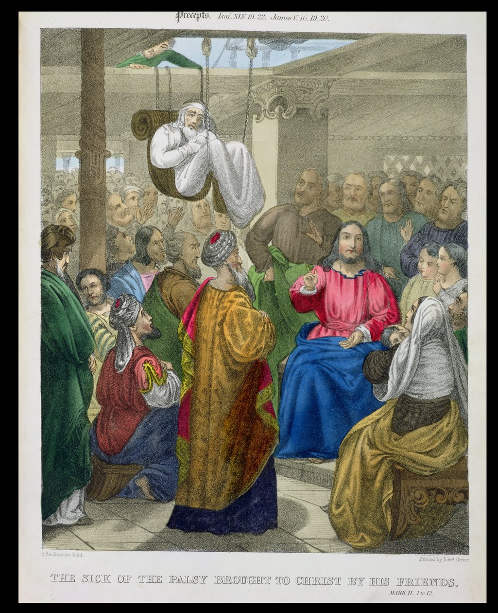 The Sick of the Palsy som kom till Kristus av hans vänner, från en bibel tryckt av Edward Gover, 1870-talet av Siegfried Detler Bendixen