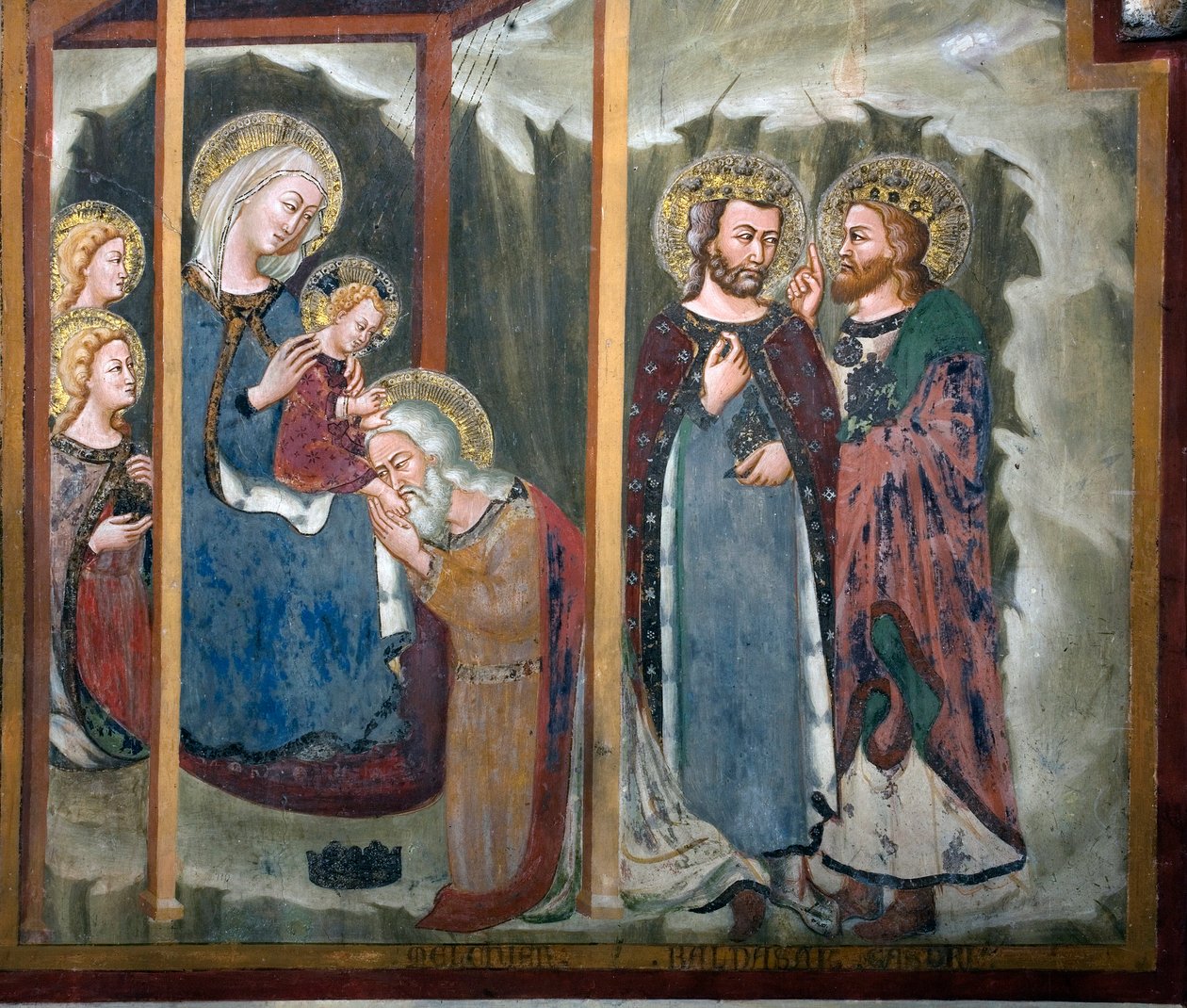 Tillbedjan av Magi Fresco av School of Siena. 1300-talet. Jungfrukapell. Klostret Saint Benedetto (Sacro Speco), Subiaco (Rom), Italien av Sienese School