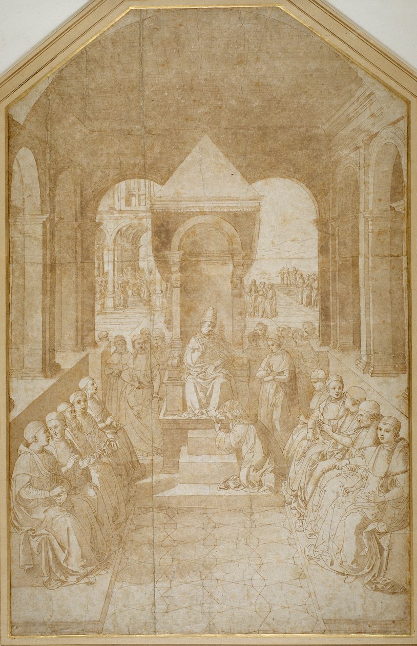 Aeneas Piccolomini kysser påven Eugenius toffel efter Pinturicchio (penna & brunt bläck med tvätt på papper) av Sienese School