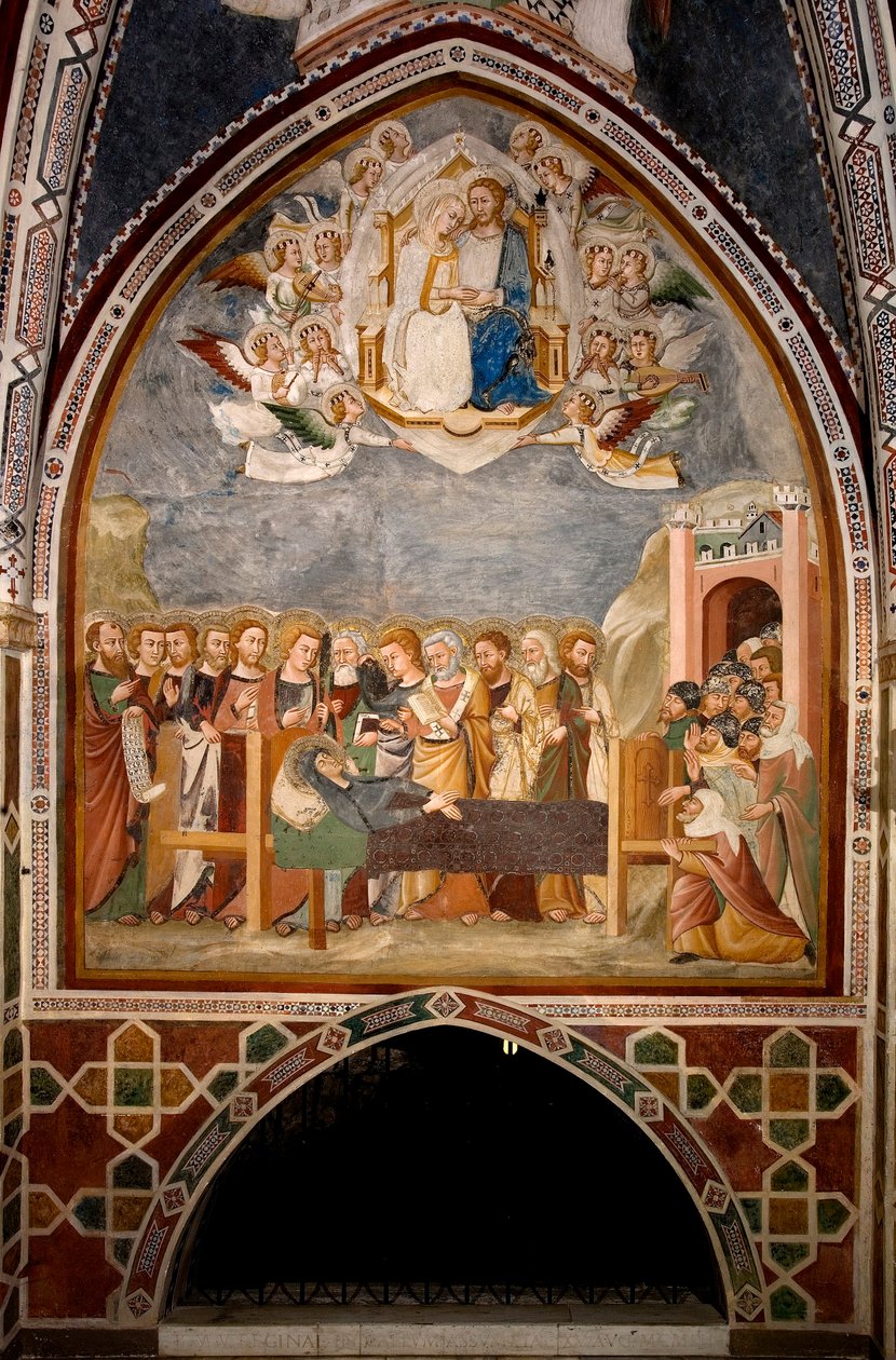 Jungfruns liv: "" the Dormition and the Assumption of the Virgin""" Fresk från skolan i Siena (1300-talet) Klostret St. Benedetto (Sacro Speco), Jungfrukapellet a Subiaco (Rom), Italien av Sienese School