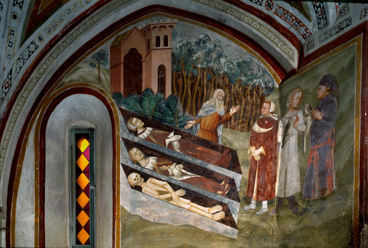 De dödas möte med levande Detalj av en fresk från skolan i Siena. 1300-talet. Klostret Saint Benoit (Sacro Speco), trappa, Subiaco (Rom), Italien av Sienese School