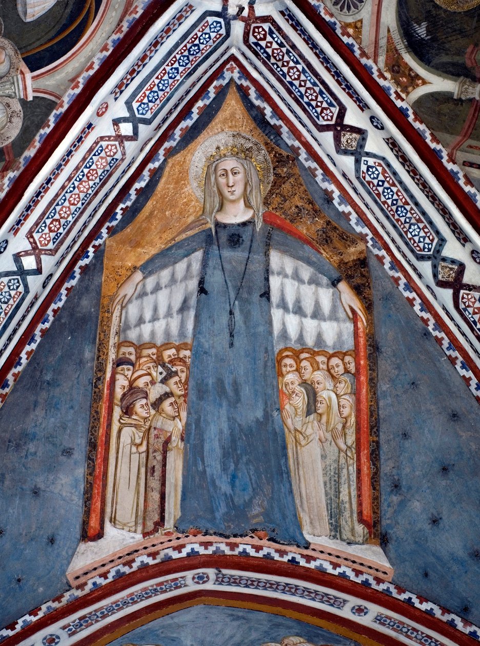 Representation av Jungfru Maria Kyrkans moder Fresk av Jungfrukapellet gjord av skolan i Siena på 1300-talet - Klostret St. Benedetto (Sacro Speco), Subiaco (Rom), Italien av Sienese School