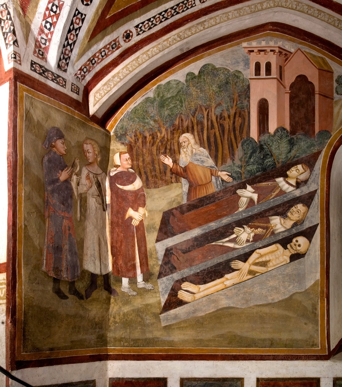 Mötet mellan de tre vivorna och de tre döda (eller dikten) De tre levande och en eremit framför de tre kistorna som presenterar lik i olika stadier av nedbrytning. Detalj av en fresk av skolan i Siena (1300-talet) 1363-1366 Klostret i av Sienese School