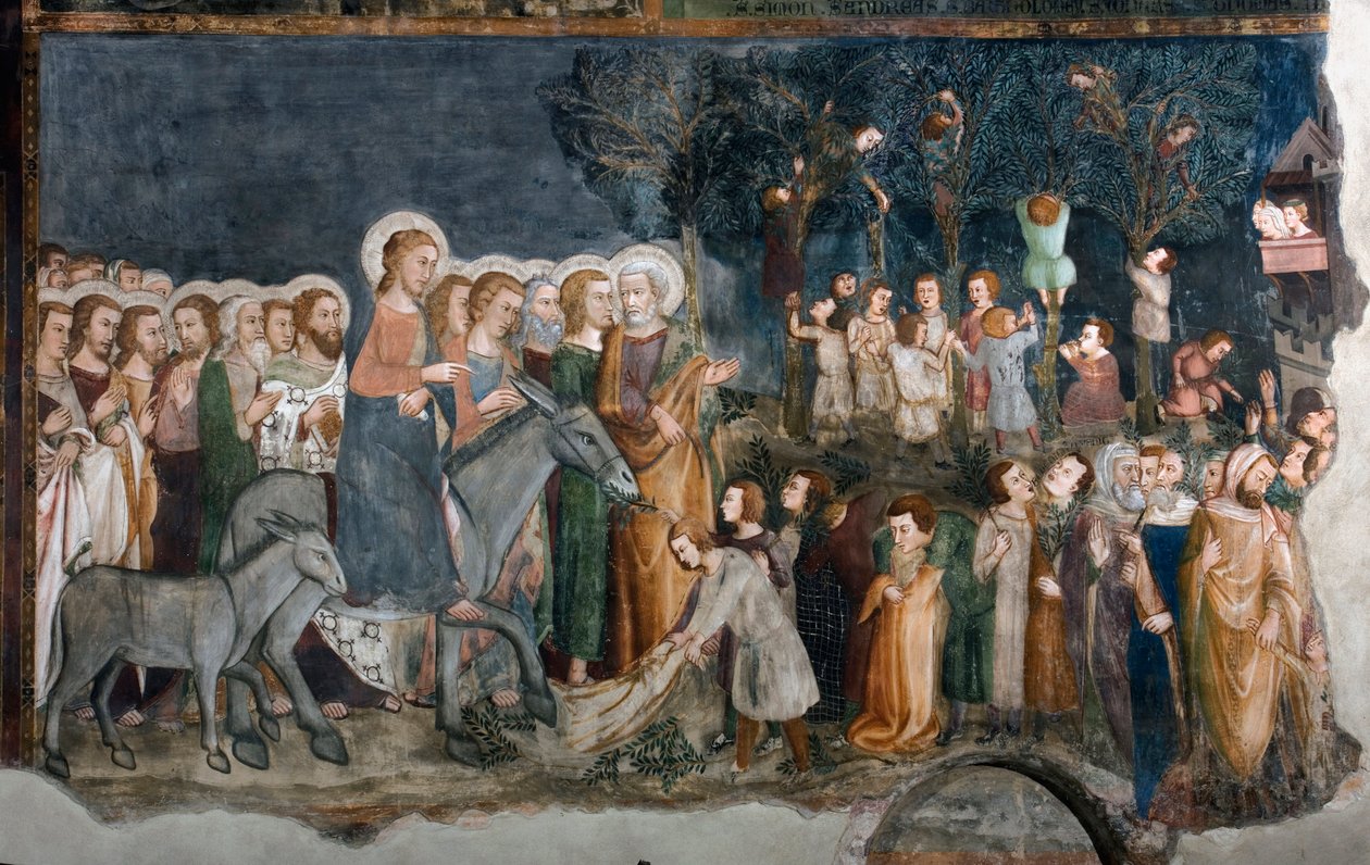Ingången till Jerusalem Fresco av skolan i Siena. 1300-talet. Överlägsen kyrka. Klostret Saint Benedetto av Sienese School